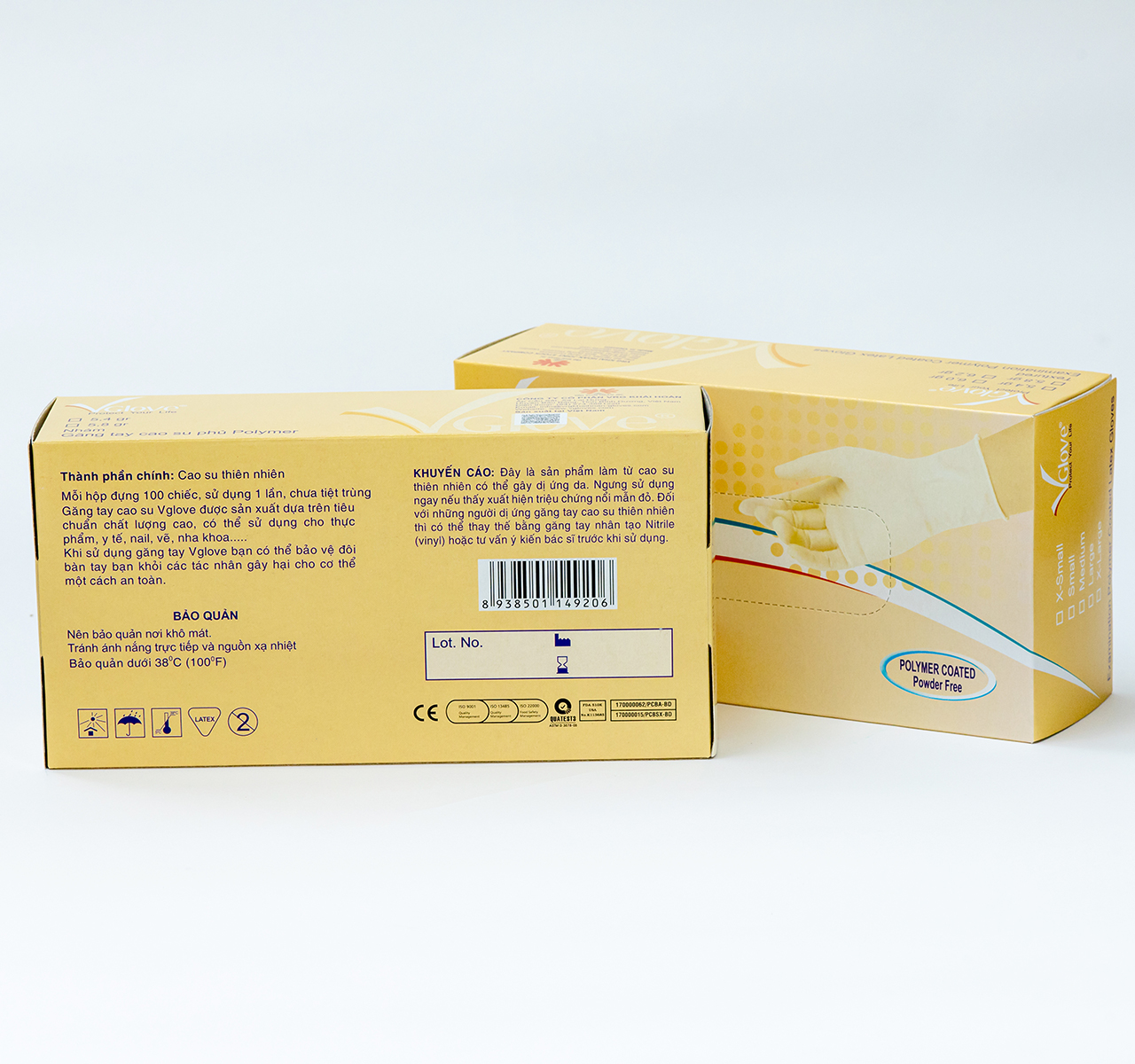 Găng tay cao su không bột Vglove phủ polymer 2 mặt - HỘP VÀNG